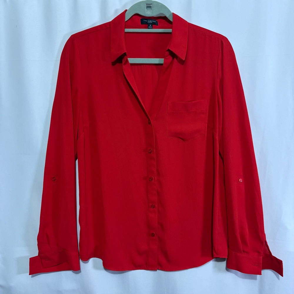 The Limited Ashton Red Button Down Roll Tab Sleeve Blouse Shirt Size M Career